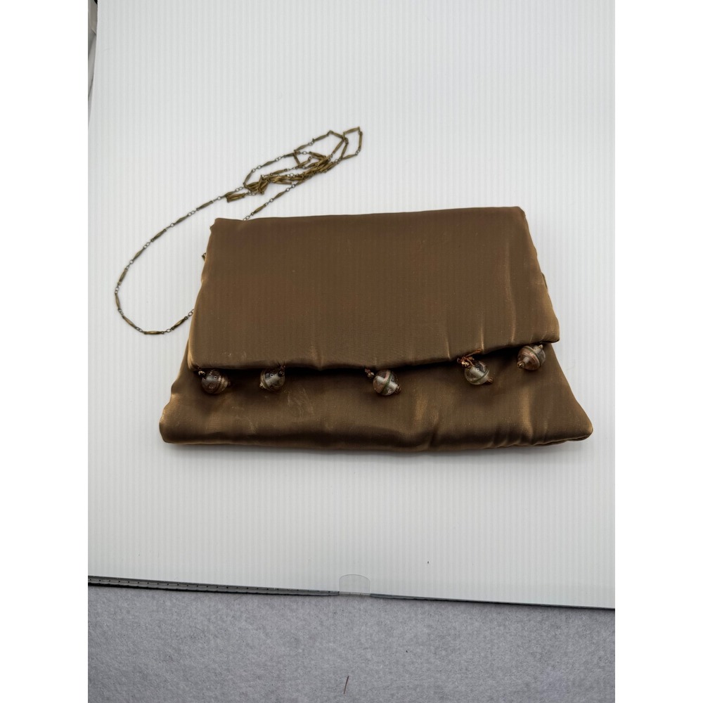 Vintage Clutch Bag Women‎ OS Bronze Satin Beaded Evening Shoulder Bag